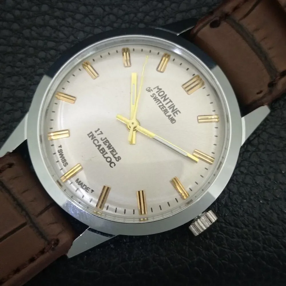 Vintage 1979 Montine Of Switzerland Manual Mens Silver Watch W/Leather Strap